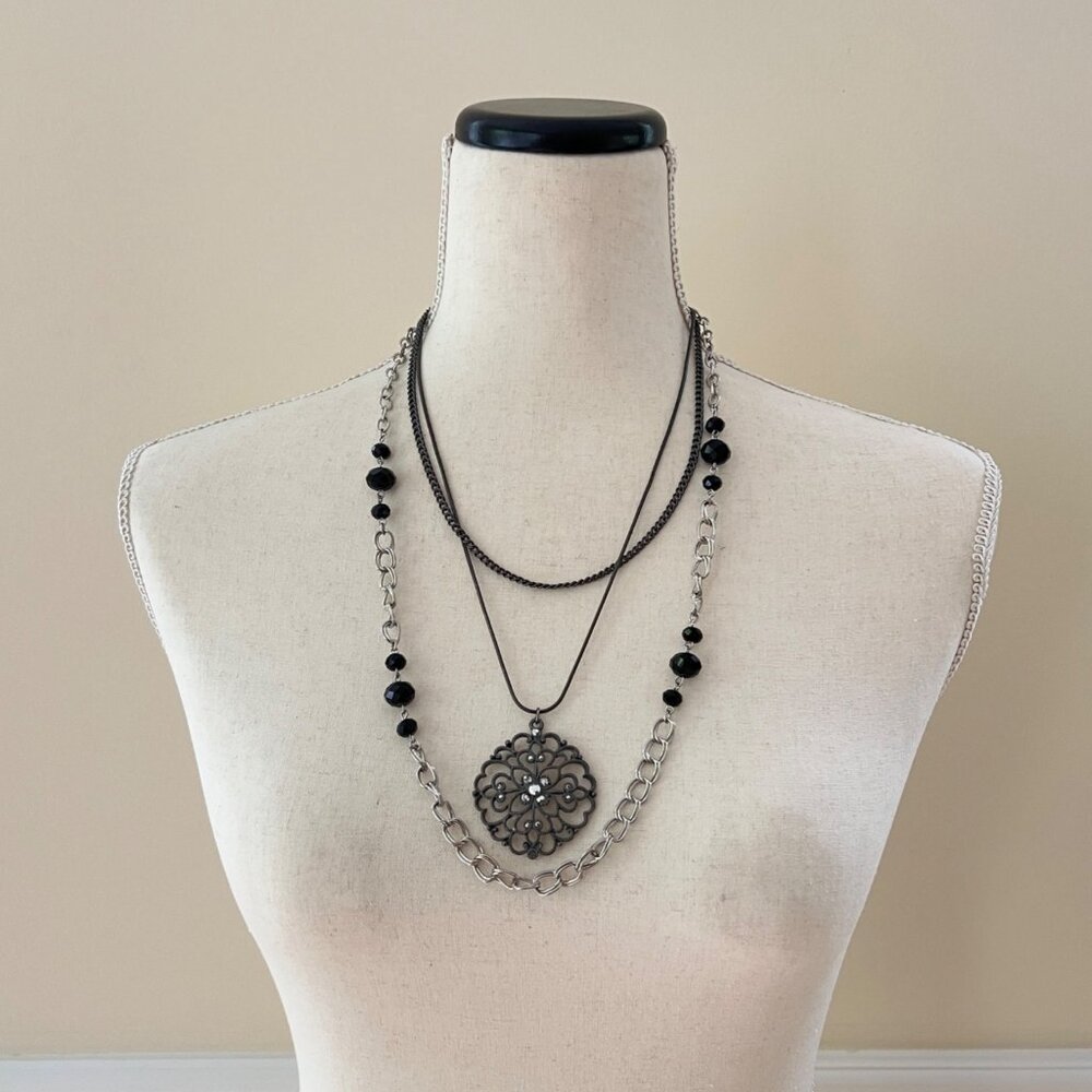 Black and Silver Layered Chain Pendant Necklace 26" - Picture 2 of 4